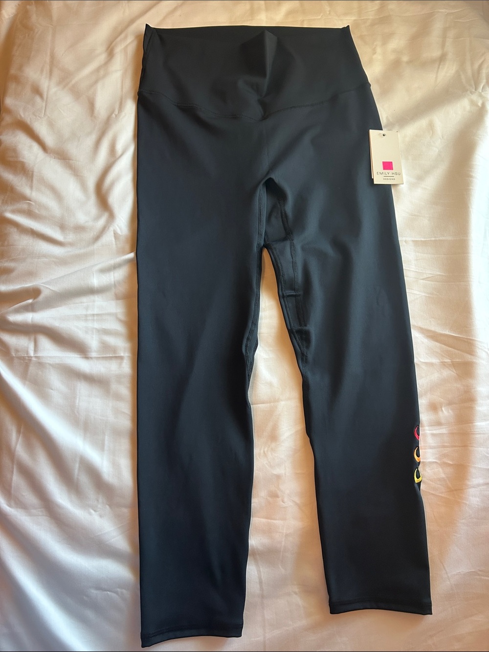 Emily Hsu Designs Black High-Rise Athletic Leggings with Rainbow Accent